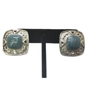 Vintage Silver Tone Pierced Earrings Southwestern Style Blue Enamel Square Studs